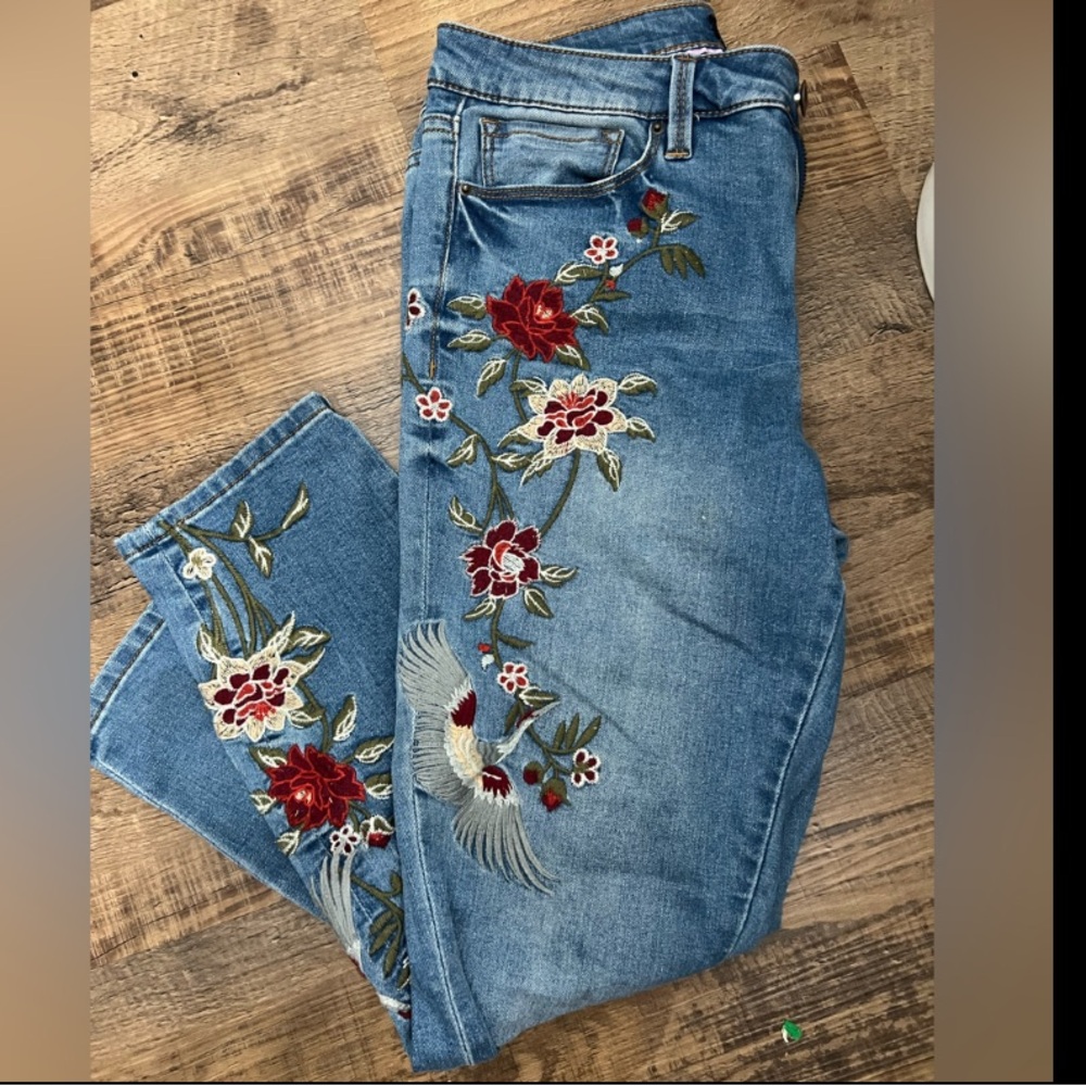 Embroidered jeans.